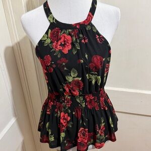 Ember Elegant Floral Halter Top - Black and Red